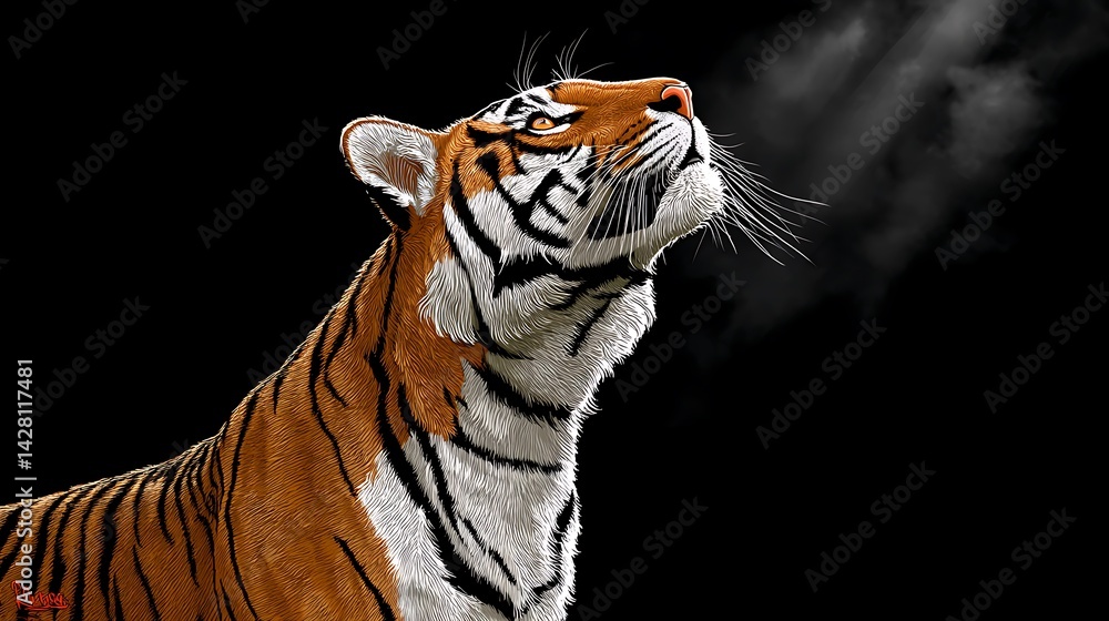 Naklejka premium Majestic tiger gazing upward, smoke in background