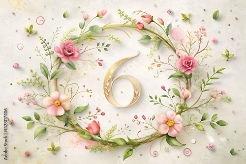Obraz na płótnie Romantic Floral Number 6 Illustration with Zodiac Vines and Confetti on Soft White Background w salonie