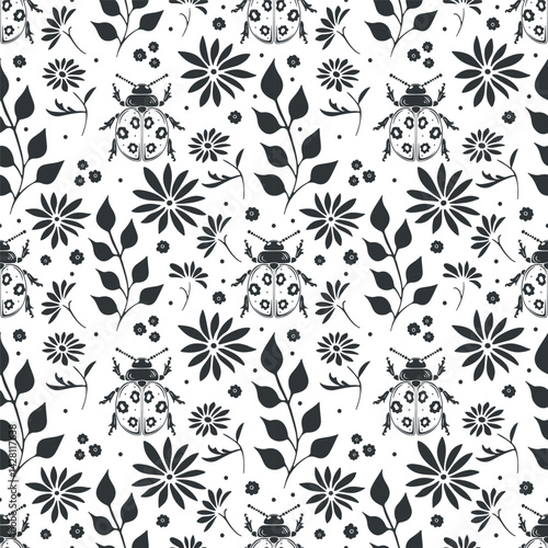 Vector seamless pattern linocut floral and lady bug. Modern minimal style. Black and white colors. Botanical blockprint. Hand drawn design for wallpaper, wall decor, print, postcard, cover, template.