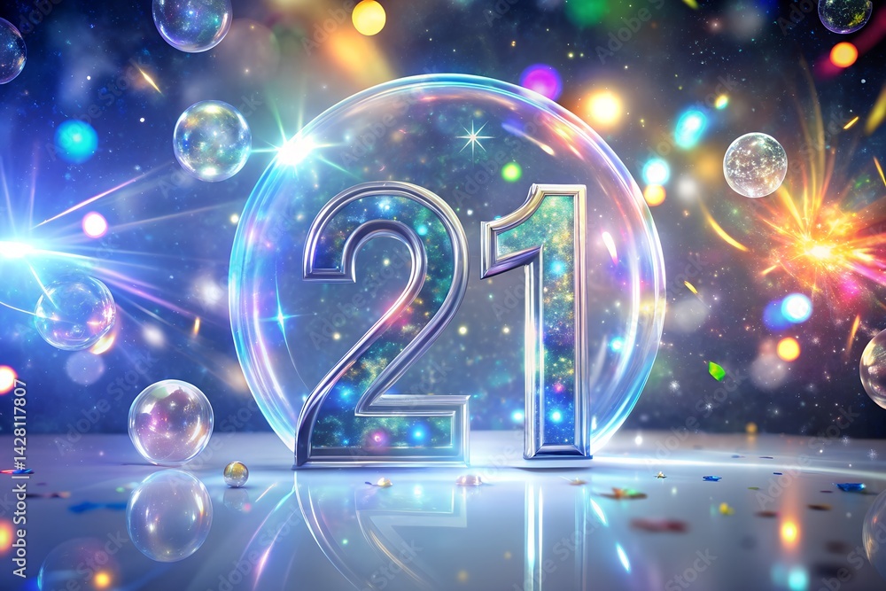 Translucent Holographic Number 21 with Zodiac Icons, Light-Beam Confetti, Sleek Design