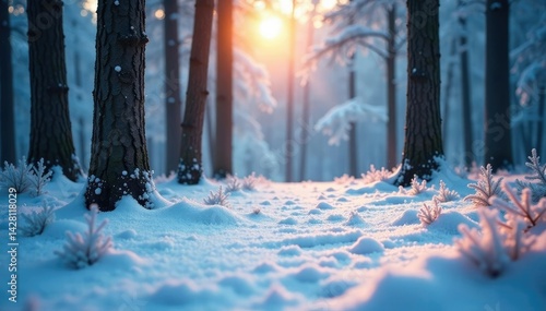 Snowflakes gently fall on frost covered forest floor, forest floor, frosty landscape, icy