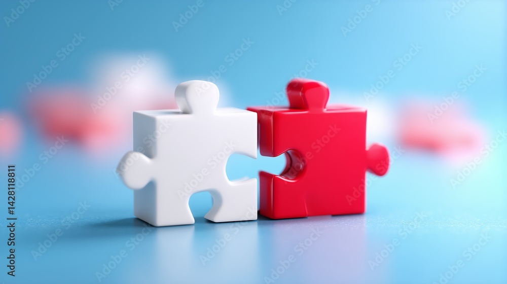 Fototapeta premium Two puzzle pieces connect on a blue background, symbolizing unity and collaboration in problem solving