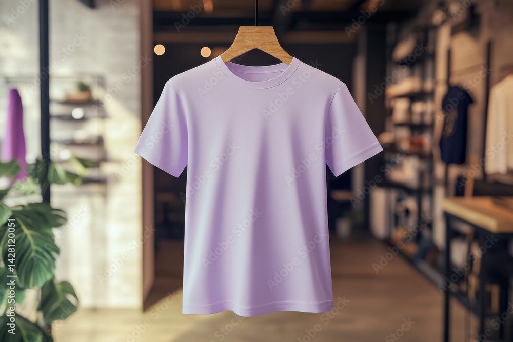 Lavender T-shirt with classic fit presented on hanger in modern store interior with blurred background and soft ambient lighting Lavender T-shirt with classic fit presented on hanger in modern store interior with blurred background and soft ambient lighting