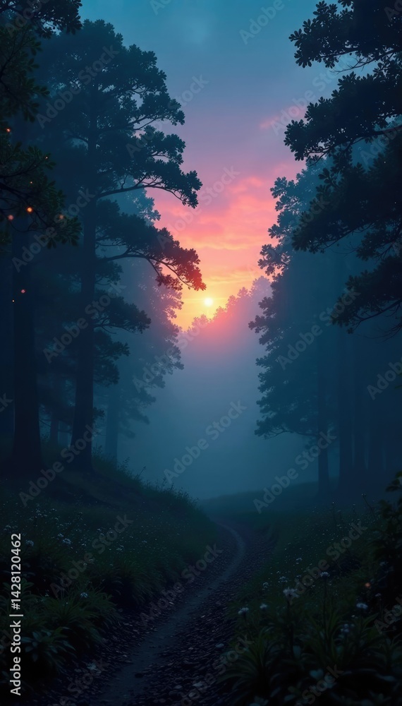 Fototapeta premium Twinkling starlight on a misty forest landscape at dusk, fog, forest