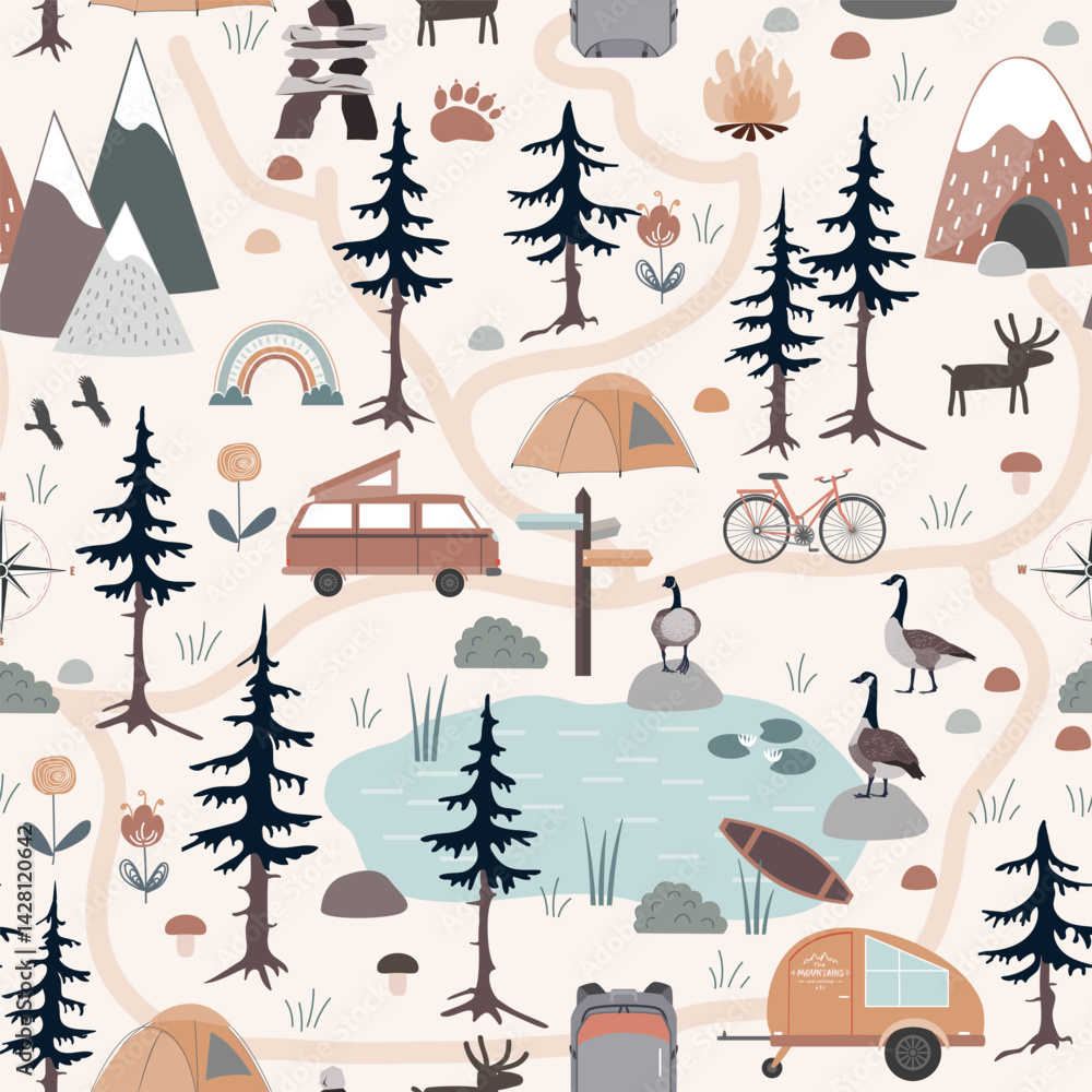 custom made wallpaper toronto digitalSummer Forest Camping Adventure, seamless pattern. Camping landscape vector background.