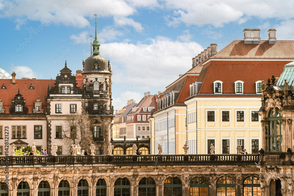 Architectural monuments of Dresden. The palace complex. View from the Zwinger wall of the Residenzschloss