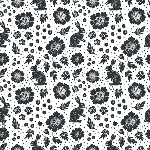 Vector seamless pattern linocut floral and rabbits. Modern trendy minimal style. Black and white colors. Botanical blockprint. Design for wallpaper, wall decor, print, postcard, cover, template.