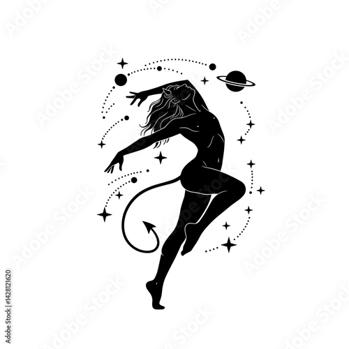 Dancing silhouette of a woman with cosmic elements  