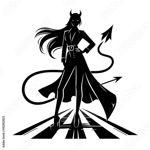 Devilish Woman Standing Confidently on a Black and White Path  