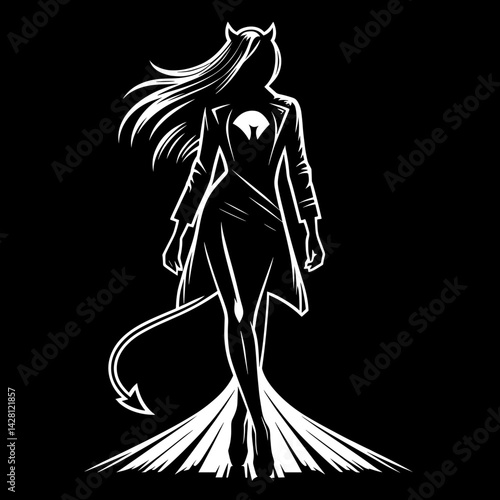 Mysterious woman walking in a stylish outfit against a black background  