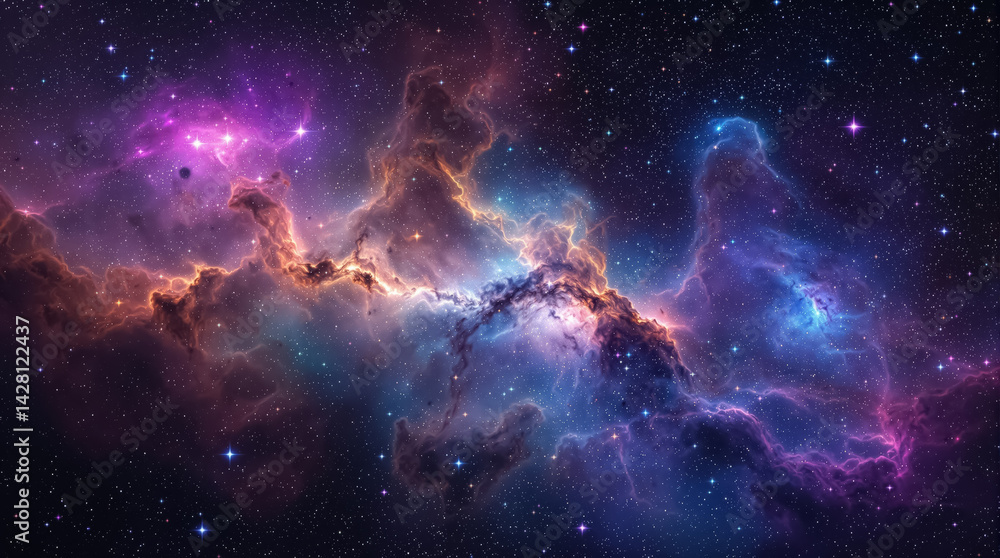 Space background with stardust and shining stars. Realistic cosmos and color nebula. Colorful galaxy