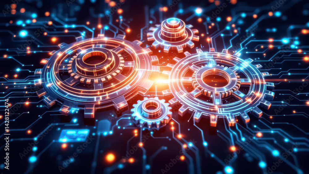 interconnected gears and circuitry symbolizing synergy between technology and business processes