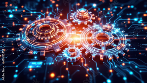 interconnected gears and circuitry symbolizing synergy between technology and business processes