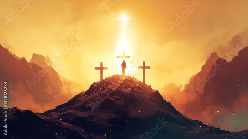 Vector illustration of Christian Crosse stand powerful symbol of Crucifixion on hill, commemorating sacrifice Jesus Christ, God love, spirit of Easter