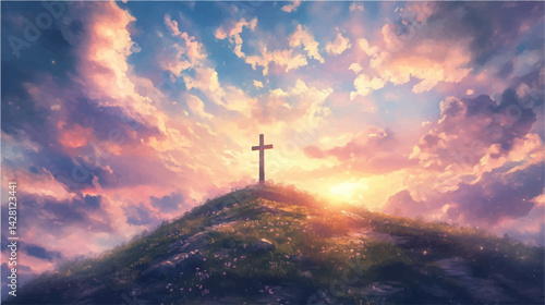 Vector illustration of Christian Crosse stand powerful symbol of Crucifixion on hill, commemorating sacrifice Jesus Christ, God love, spirit of Easter
