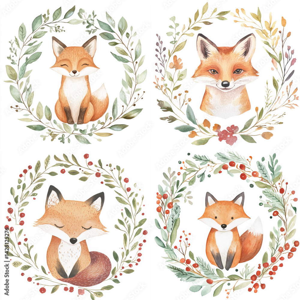 Fototapeta premium Charming clipart set of cute watercolor foxes in floral wreaths, designed in a minimalistic style with fine line art on a clean white background, suitable for children's book illustrations.