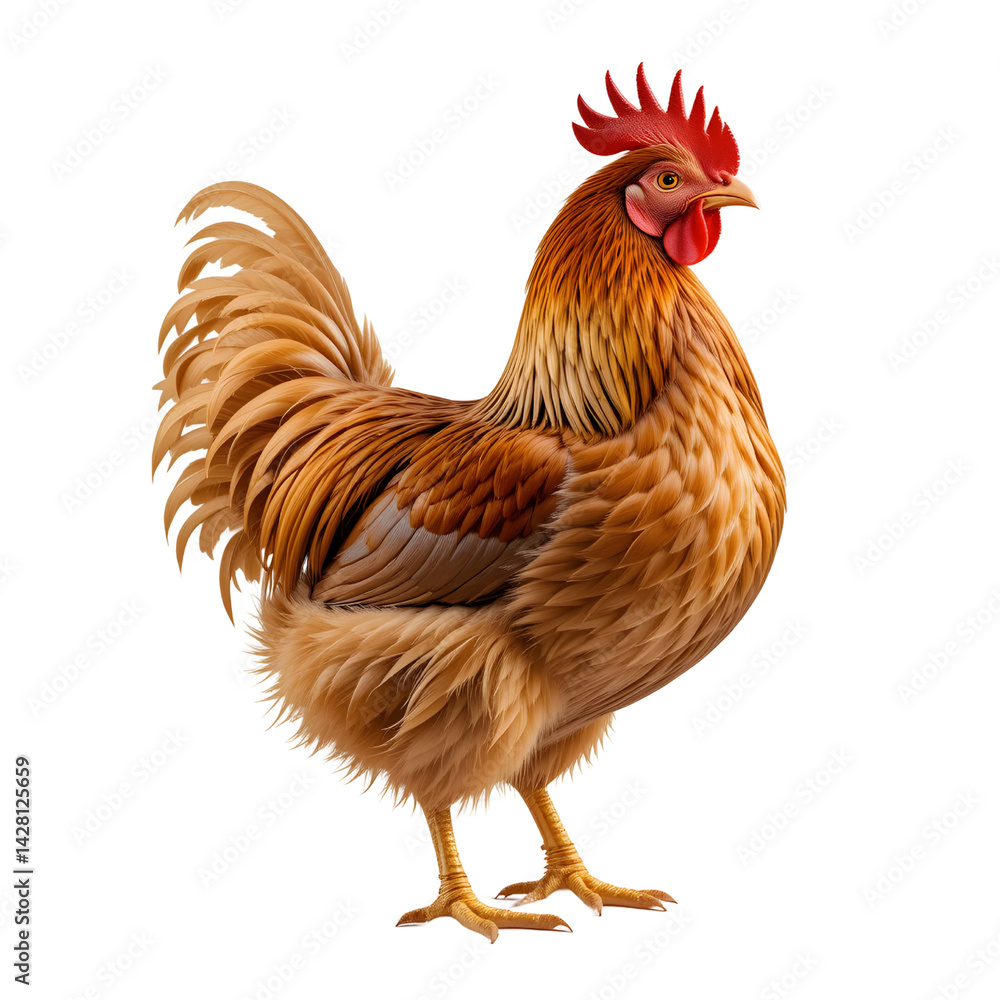 Fototapeta premium A brown and red rooster, hen, and chick, isolated as domestic farm poultry on a white background