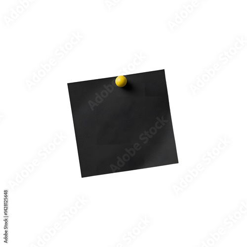 Black sticky note, yellow push pin, minimalist, office supplies, clean background