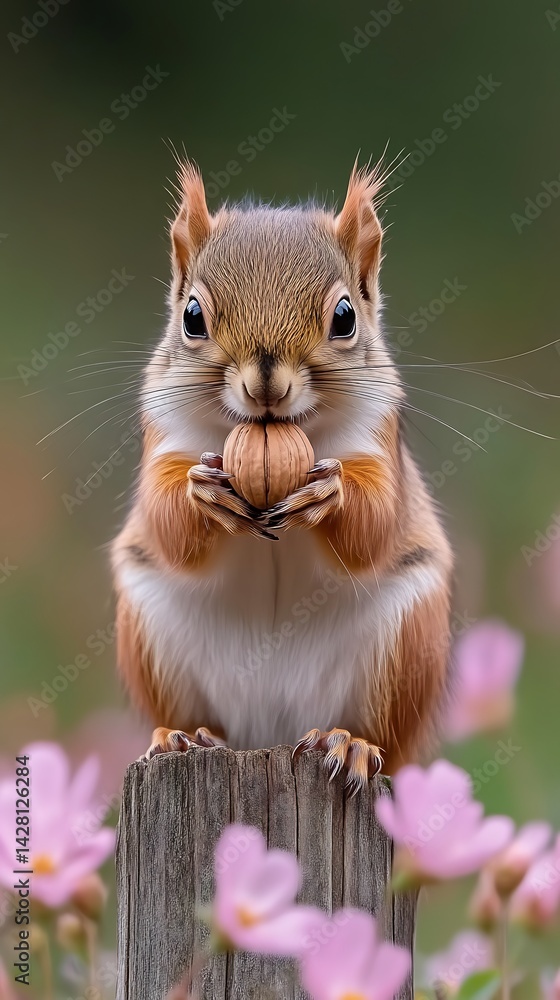 Cute Squirrel Holding Nut on Wood Post Surrounded by Pink Flowers Cute Squirrel Holding Nut on Wood Post Surrounded by Pink Flowers
