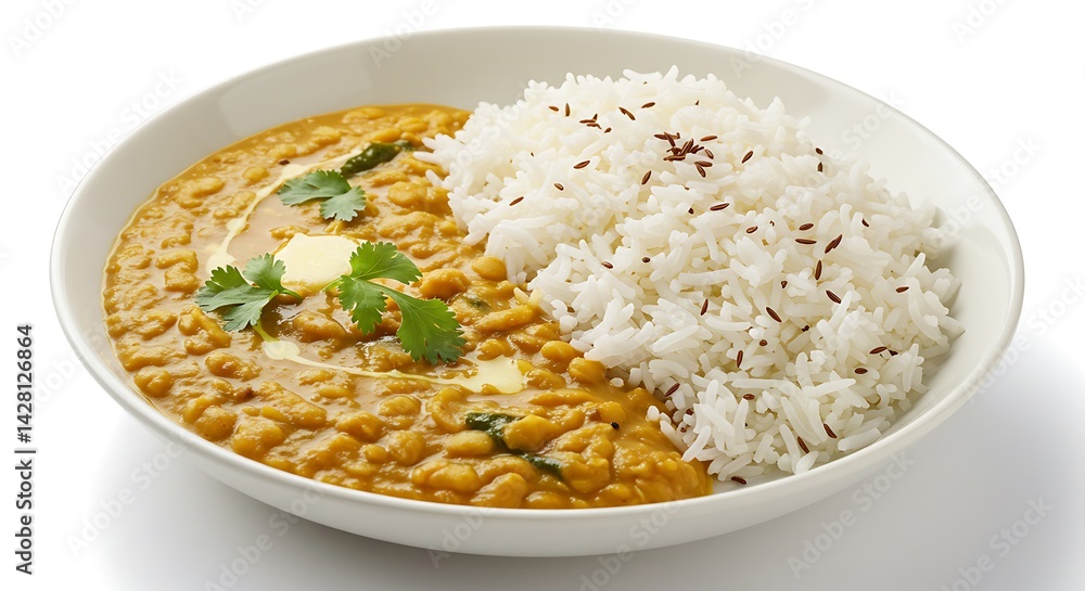 A bowl of dal tadka with a side of jeera rice, arranged in the middle indian traditional food A bowl of dal tadka with a side of jeera rice, arranged in the middle indian traditional food