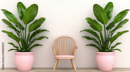 Obraz na płótnie Minimalist Interior Design Featuring a Wooden Chair and Large Tropical Plants in Pink Pots Against a White Wall w salonie