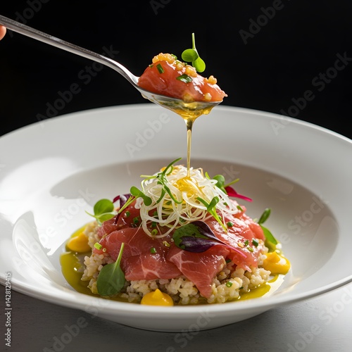 Elegant Tuna Tataki with Quinoa and Microgreens Drizzled with Oil