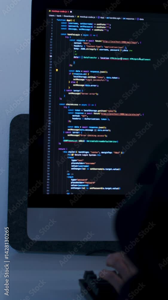 Close up of Computer Monitor Showing line of code with female Software Developer Writing code program. Professional female programmer typing on computer for software, Website, SaaS development project Close up of Computer Monitor Showing line of code with female Software Developer Writing code program. Professional female programmer typing on computer for software, Website, SaaS development project