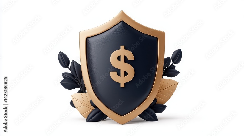 Black and Gold Shield with Dollar Sign and Leaves 3D Render