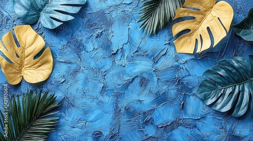Surreal Collection of Blue Tropical Leaves and Foliage Plants Against a Dreamy Space-Inspired Background