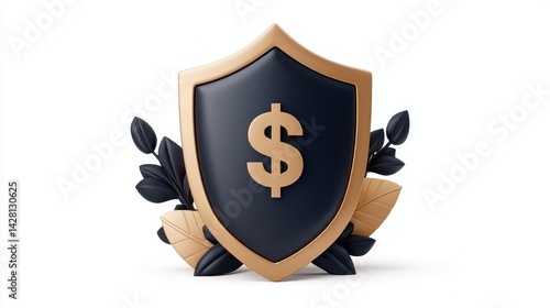 Obraz na płótnie Black and Gold Shield with Dollar Sign and Leaves 3D Render w salonie