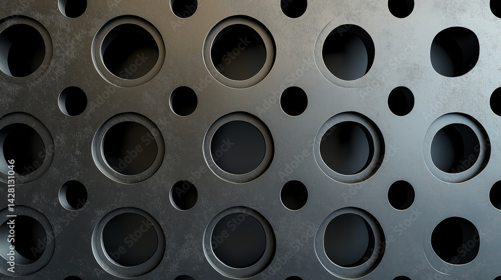 Detailed metal sheet with symmetrical holes and brushed matte surface Detailed metal sheet with symmetrical holes and brushed matte surface