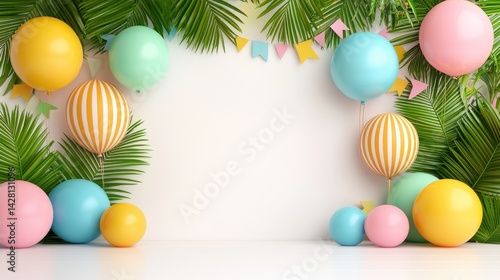 Obraz na płótnie Colorful Balloons and Tropical Leaves Party Decoration Background w salonie