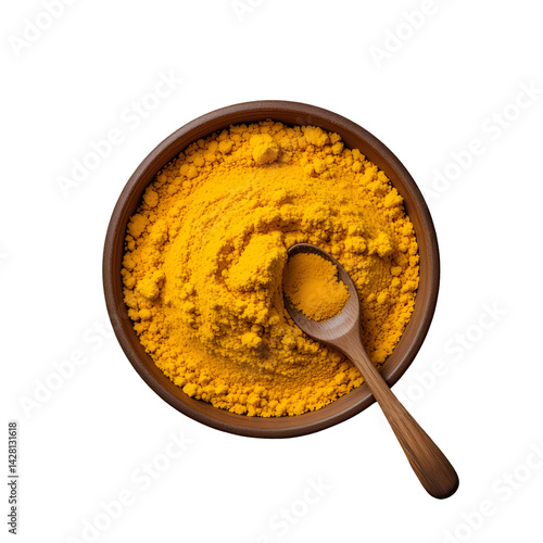 Turmeric powder, wooden bowl, spoon, rustic wooden plate, overhead view, vibrant yellow spice, textured white background.