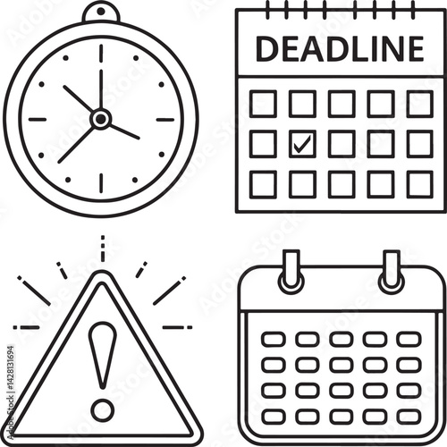 Deadline thin line vector icon set. Pixel perfect. Editable stroke. The set contains icons: Time, Clock, Alarm Clock, Hourglass, Stopwatch, Timer, Smart Watch, Time Zone.