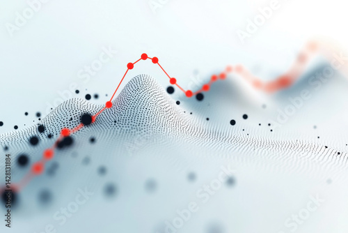Abstract data visualization with red line graph and black dots on white background, futuristic technology theme, analytical concept