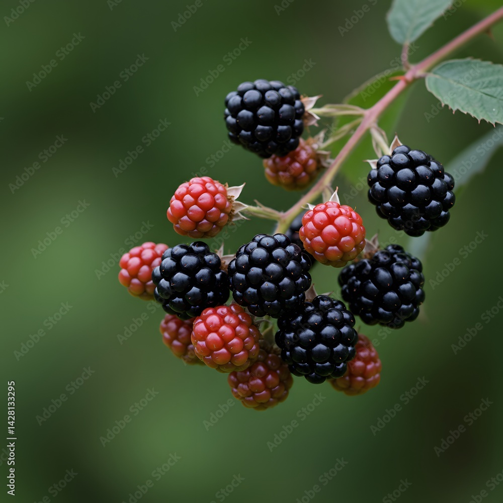 Closeup of Ripe Blackberries and Red Unripe Blackberries on Branch Closeup of Ripe Blackberries and Red Unripe Blackberries on Branch