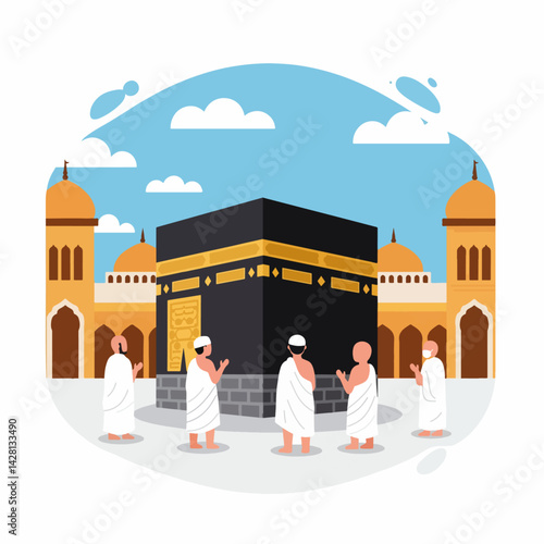An illustration depicting people in Hajj, standing in front of the Kaaba at Masjid al-Haram