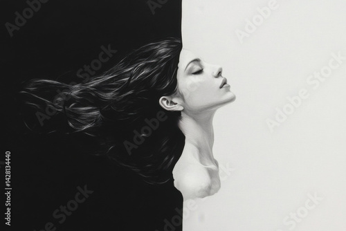 Surreal portrait of woman with flowing hair, half black and white background, serene expression, artistic contrast, duality concept, World Art Day
