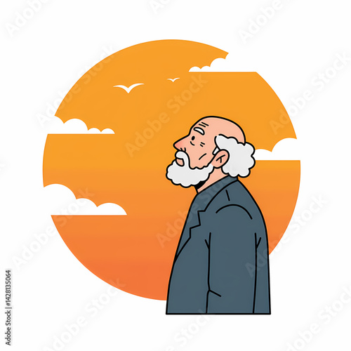 Bearded Senior Man Contemplative, Looking Upward, Posing in Nature, Against Sunset Background. Elderly man looking at sky, elderly man facing sunrise