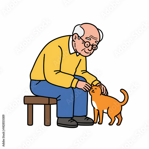 Senior Man Affectionate, Petting a Cat, Sitting on a Stool, Against White Background. Elderly man petting cat