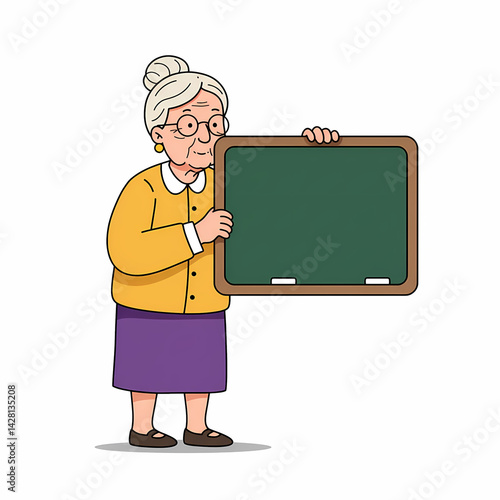 Senior Woman Teaching, Holding Chalkboard, With Blank Space, Against White Background. Elderly woman with chalkboard