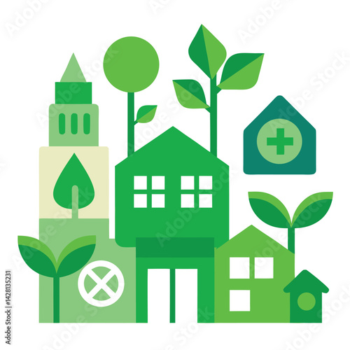 Sustainable Building Icons with Green Energy and Insulation