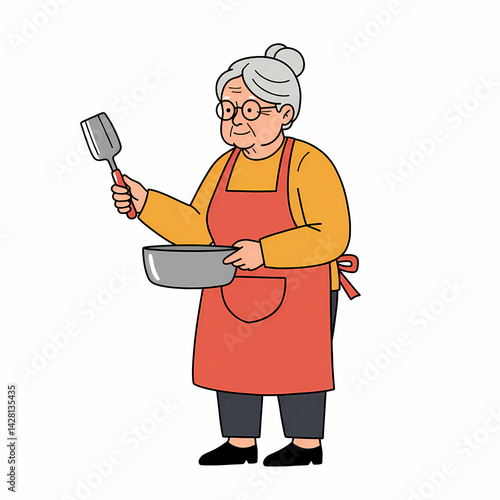 Grandma Cooking Food with a Spatula Against White Background with Copy Space. Elderly woman teaching recipe