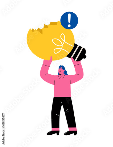 Business woman holding broken light bulb with crack. Solution fail concept. Flat vector illustration isolated on white background
