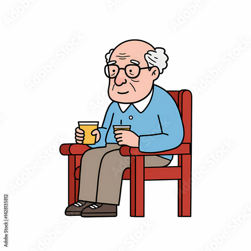 Elderly Man Relaxing, Holding a Cup, Sitting in a Chair, Against White Background. Retiree enjoying quiet life