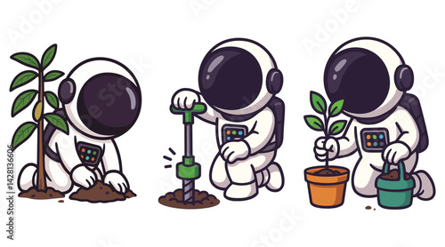 Cartoon Astronaut Planting Trees and Taking Care of Plants