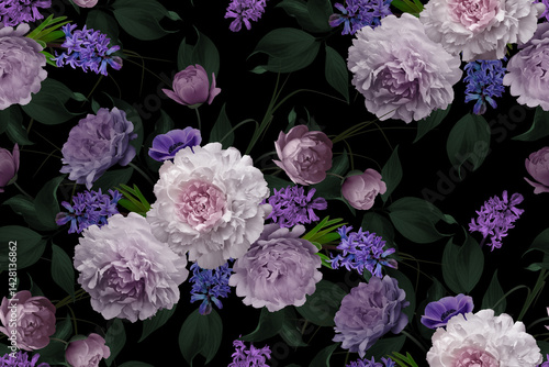 Vintage Floral seamless pattern. Spring Flower illustration. Multicolored Peonies and Hyacinths in Full Bloom. Luxurious garden flowers on black background. For textiles, wallpaper, wrapping paper
