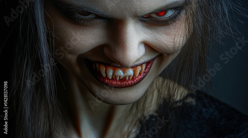 A female vampire displays her sharp fangs with a wicked grin in a dark and dramatic setting