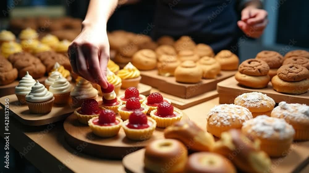 Tempting Assortment of Fresh Pastries at a Bakery Stall Tempting Assortment of Fresh Pastries at a Bakery Stall