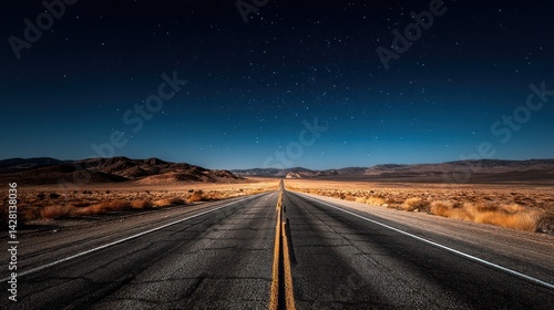 Empty highway stretches into a starry desert night.